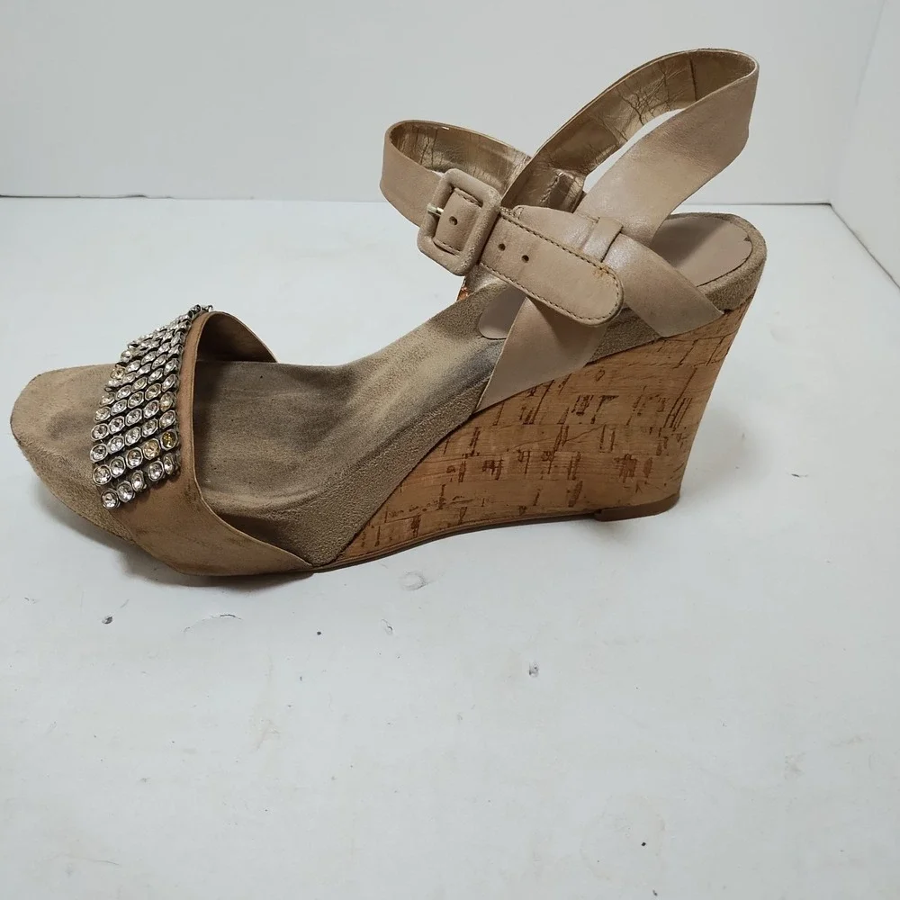 Nine West Womens Rhinestone Platform Cork Wedge Sandals Ankle‎ Strap Buckle 8 M
